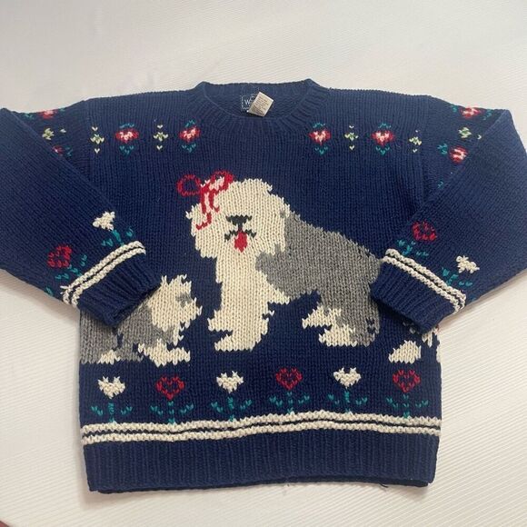 Woolrich Sweaters - Vintage English Sheepdogs Puppies Woolrich Navy Blue Knit Wool Sweater Sz Small